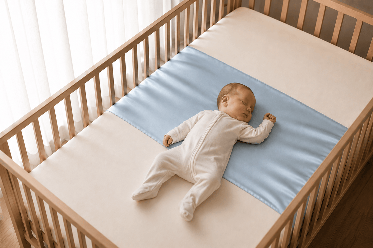 Baby asleep on their back on a sky blue silk cot sleeve in a wooden cot – LS Silk NZ