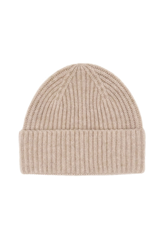 Beige ribbed pure cashmere unisex beanie, flat product view – Love Cashmere NZ