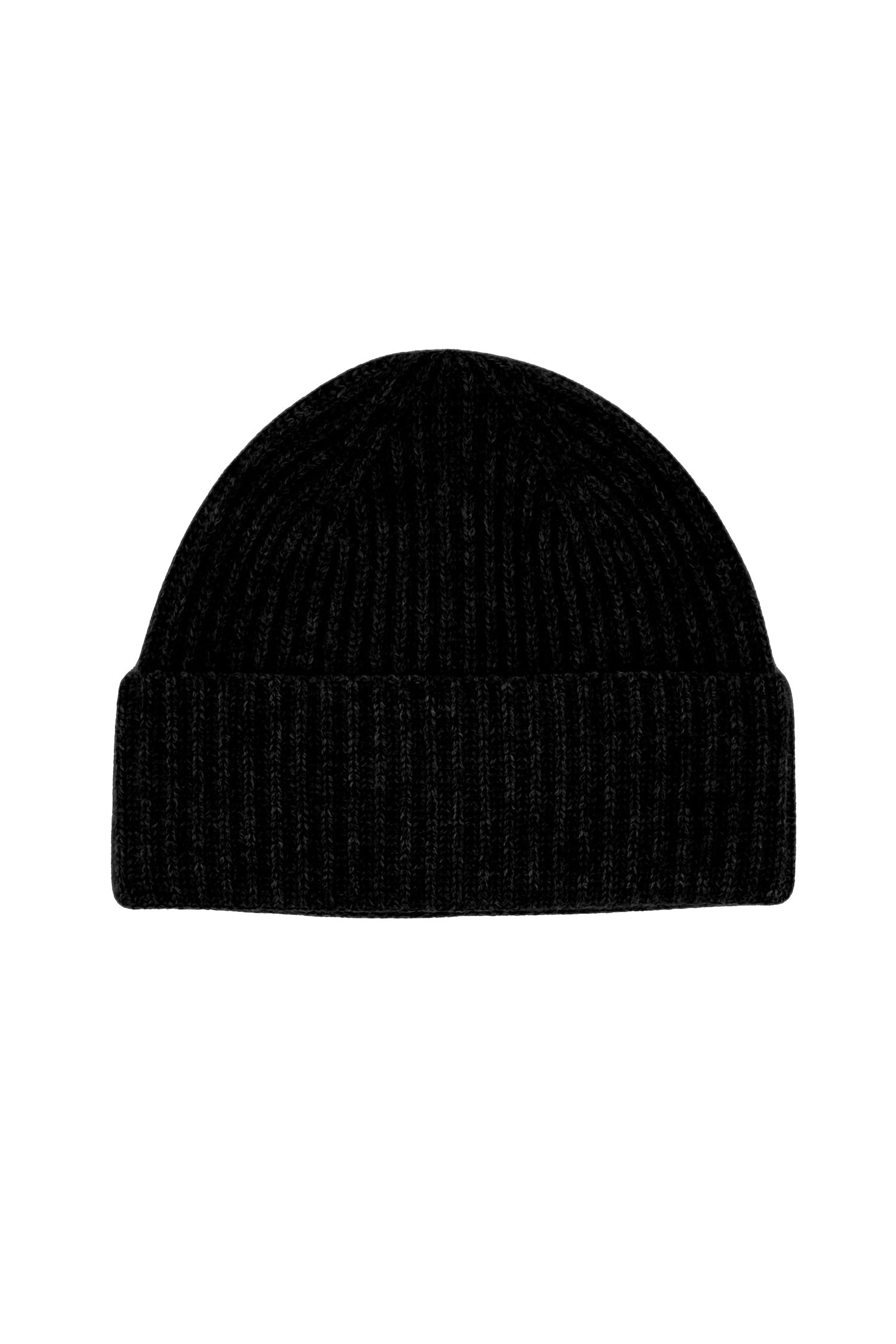 Black ribbed pure cashmere unisex beanie, flat product view – Love Cashmere NZ