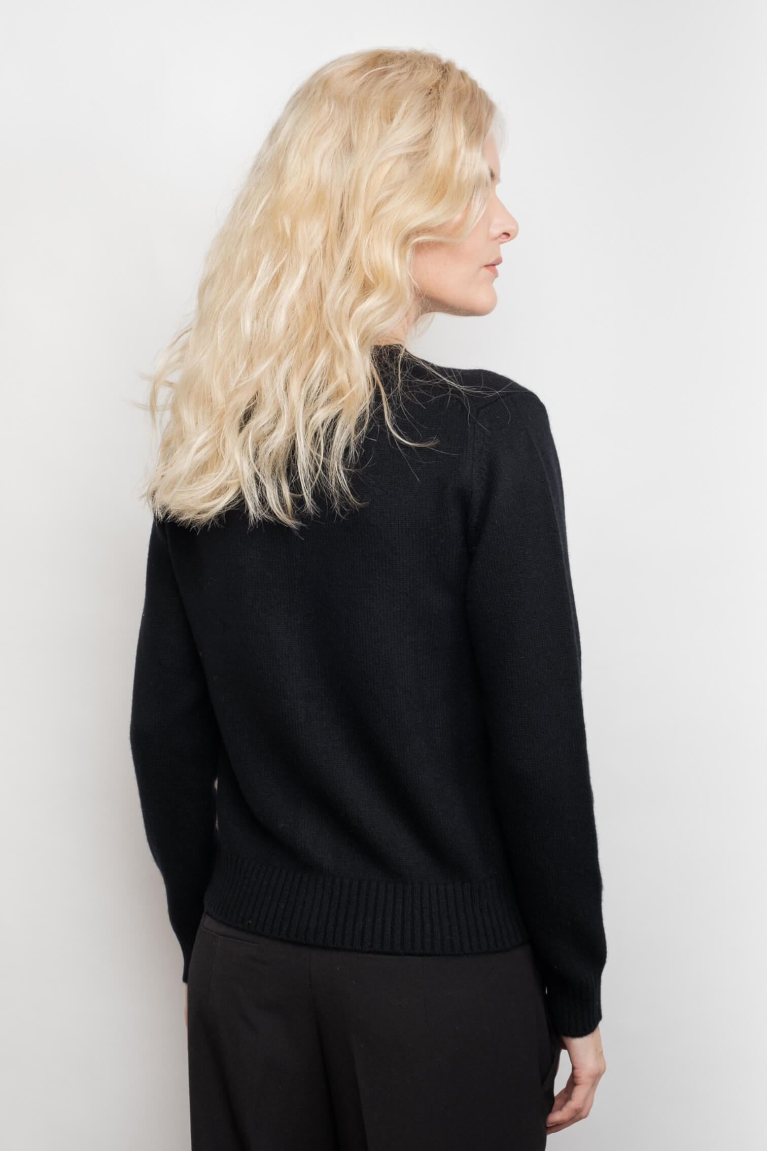 Back view of black cashmere golfer cardigan – Love Cashmere NZ