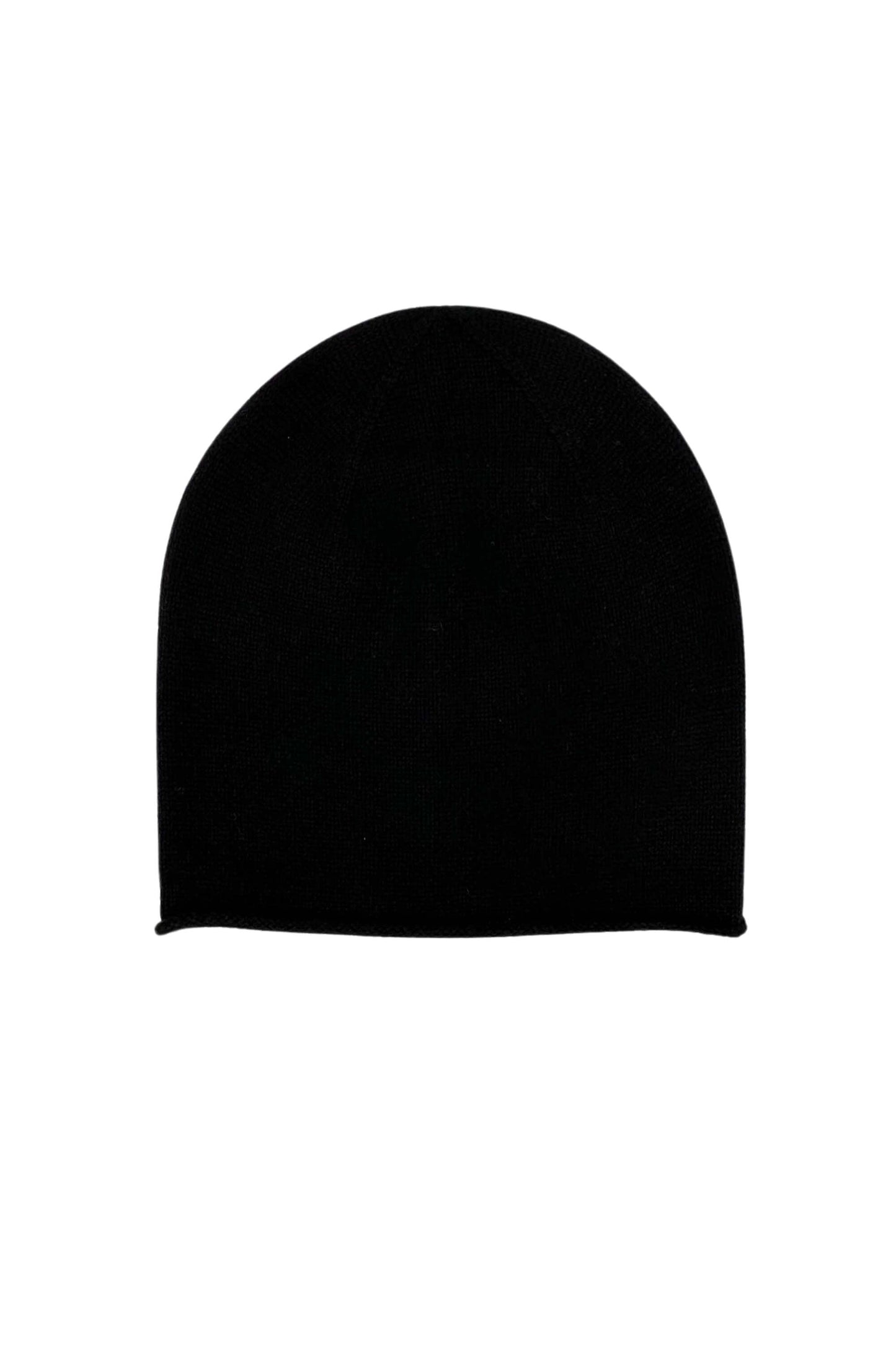 Black pure cashmere unisex roll-edge beanie, flat product view – Love Cashmere NZ