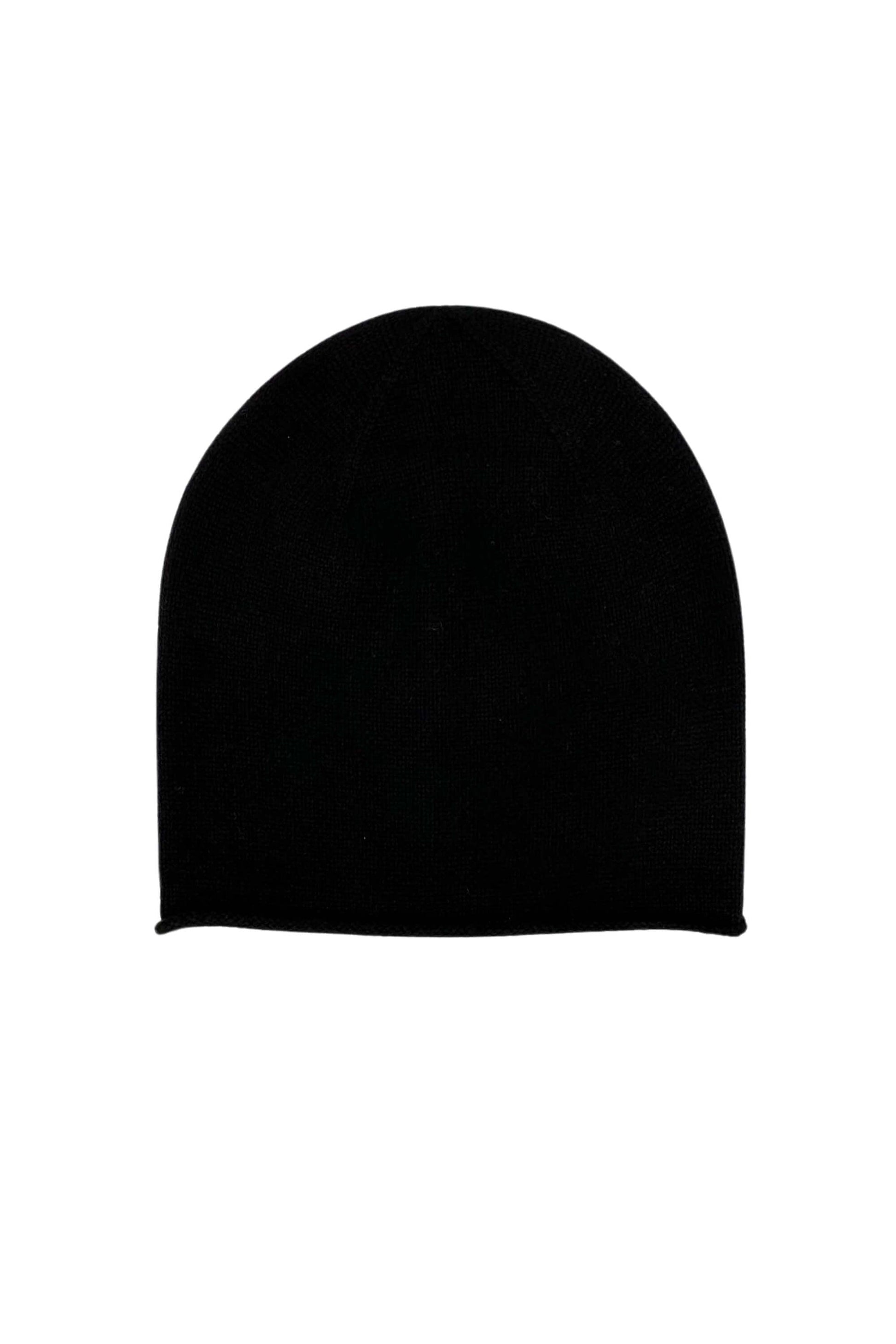 Black pure cashmere unisex roll-edge beanie, flat product view – Love Cashmere NZ