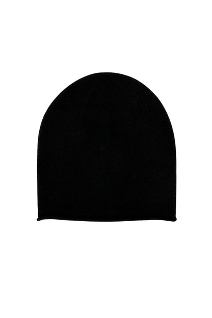 Black pure cashmere unisex roll-edge beanie, flat product view – Love Cashmere NZ