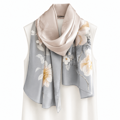 Smoke Camellia Pure Mulberry Silk Extra Large Long Scarf