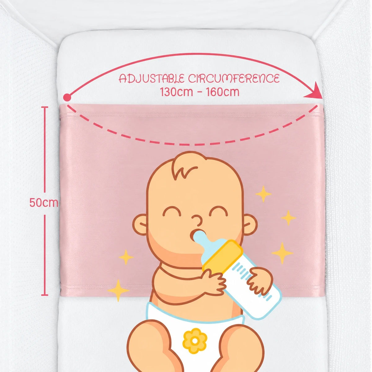 Silk cot sleeve size diagram: 50 cm silk panel, adjustable to fit mattress circumference 130–160 cm – LS Silk NZ
