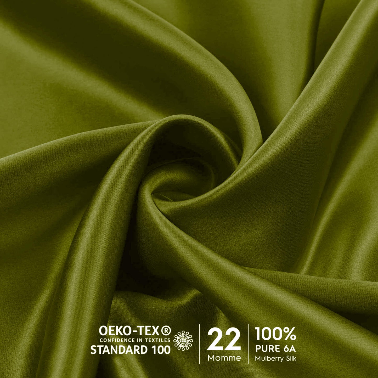 Close-up of olive green 22 momme OEKO-TEX certified mulberry silk – LS Silk NZ