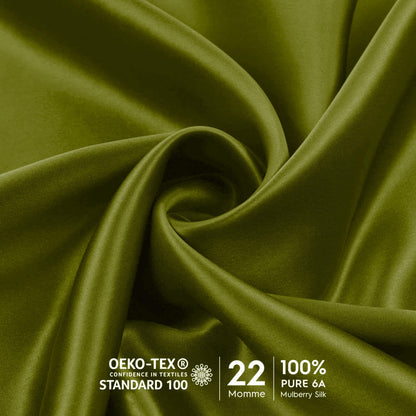 Close-up of olive green 22 momme OEKO-TEX certified mulberry silk – LS Silk NZ