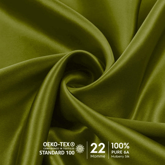 Close-up of olive green 22 momme OEKO-TEX certified mulberry silk – LS Silk NZ