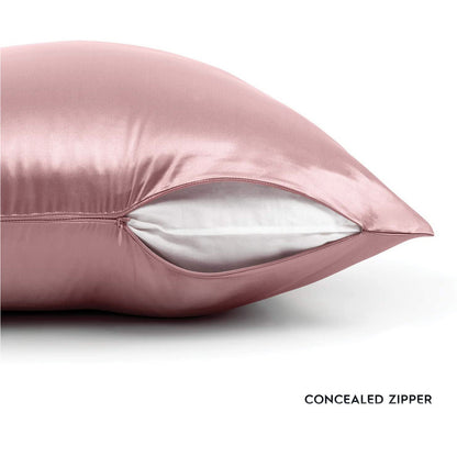 Close-up of concealed zipper on pink mulberry silk pillowcase – LS Silk NZ
