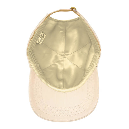 Beige baseball cap underside showing gold mulberry silk lining – LS Silk NZ