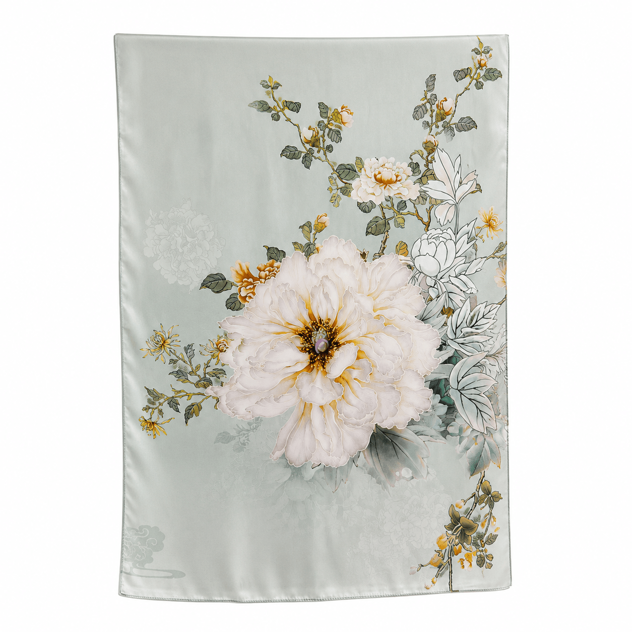 Celadon Peony Pure Mulberry Silk Extra Large Long Scarf