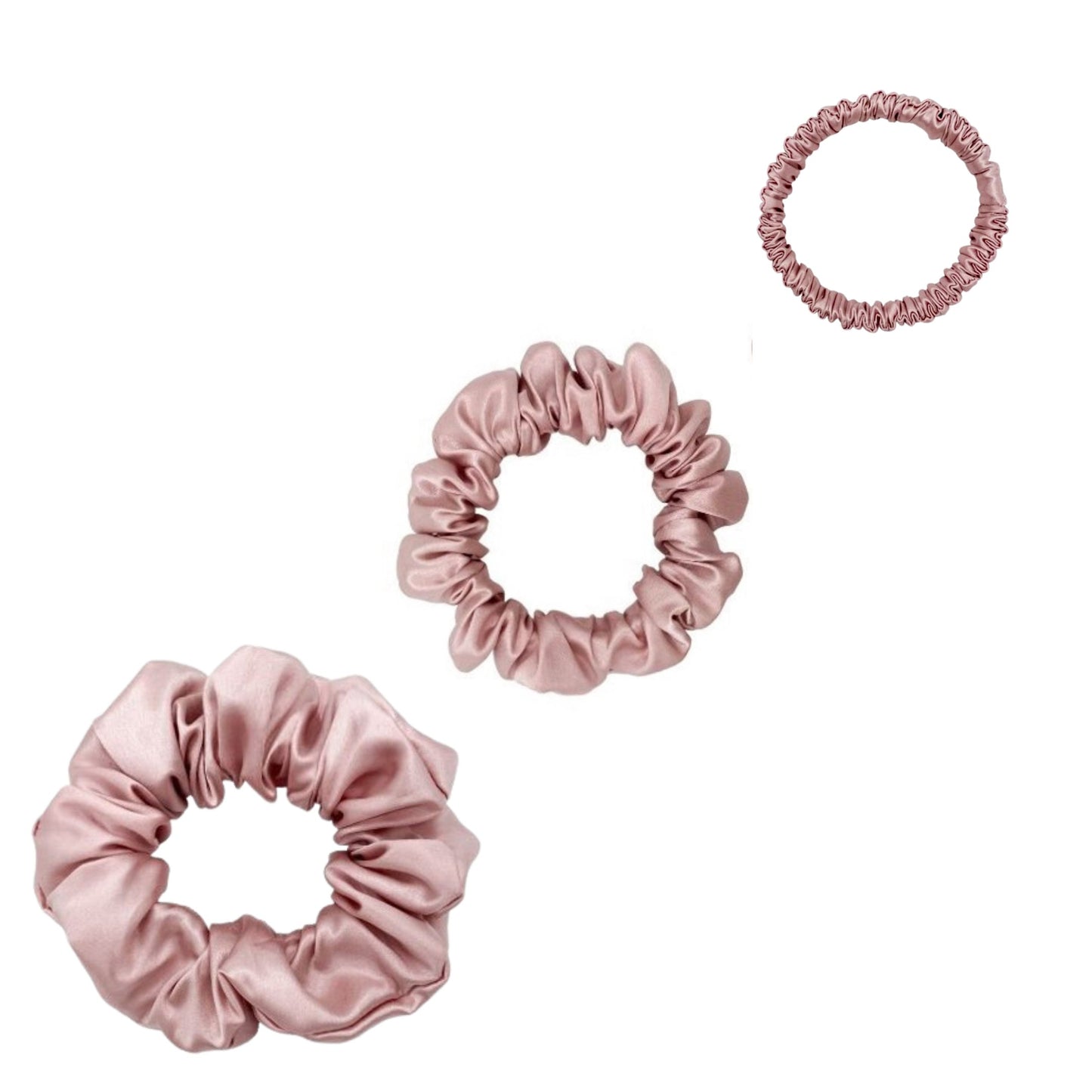 Blush pink silk scrunchies trio in mini, small and medium – LS Silk NZ
