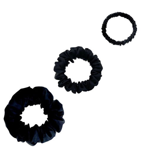 Silk Scrunchies Set - Black - Mini, Small, Medium - Lovesilk.co.nz