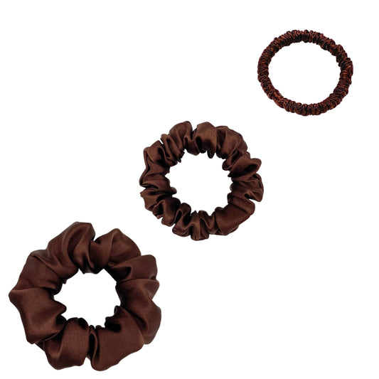 Chocolate silk scrunchies trio in mini, small and medium – LS Silk NZ
