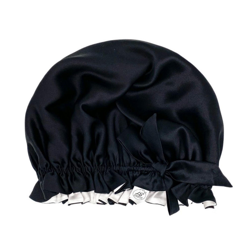 Double Layer Women Silk Sleep Cap Hair Bonnet Pure Mulberry Silk Turban  - Black - Medium to Large