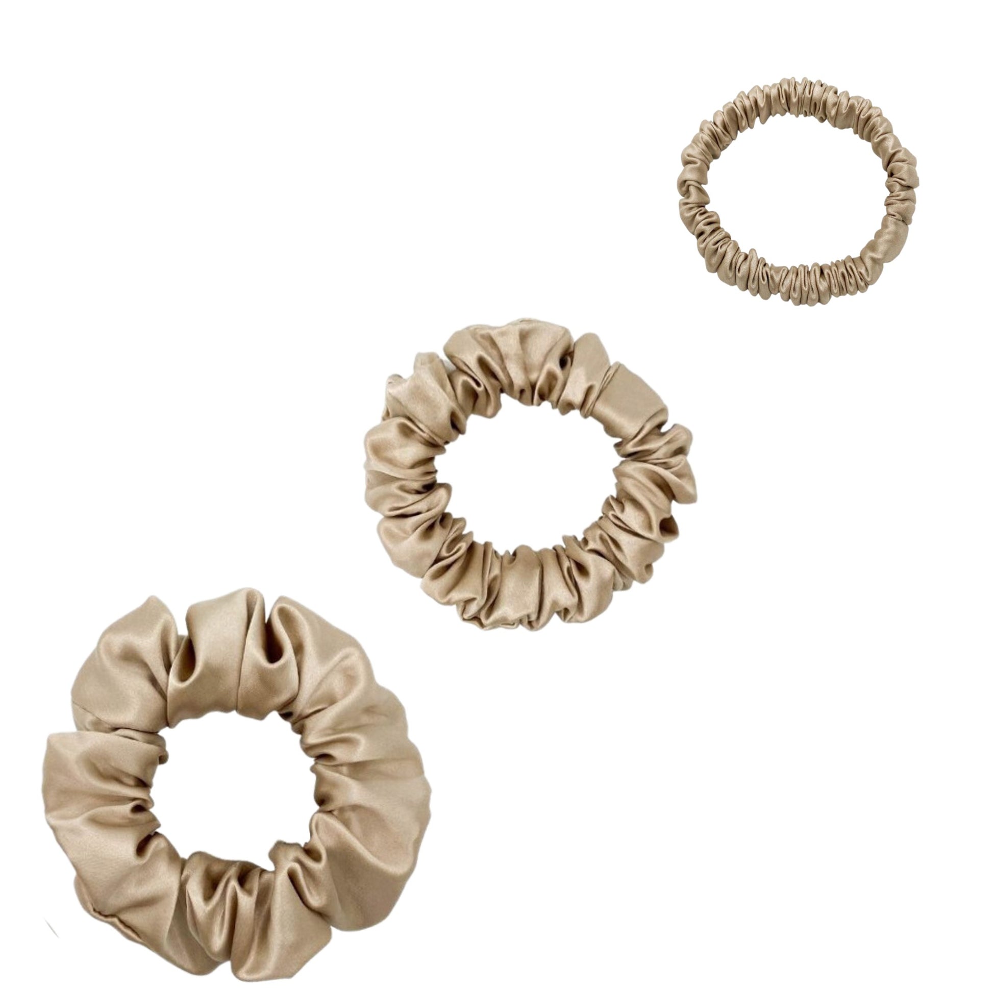 Champagne gold silk scrunchies trio in mini, small and medium – LS Silk NZ