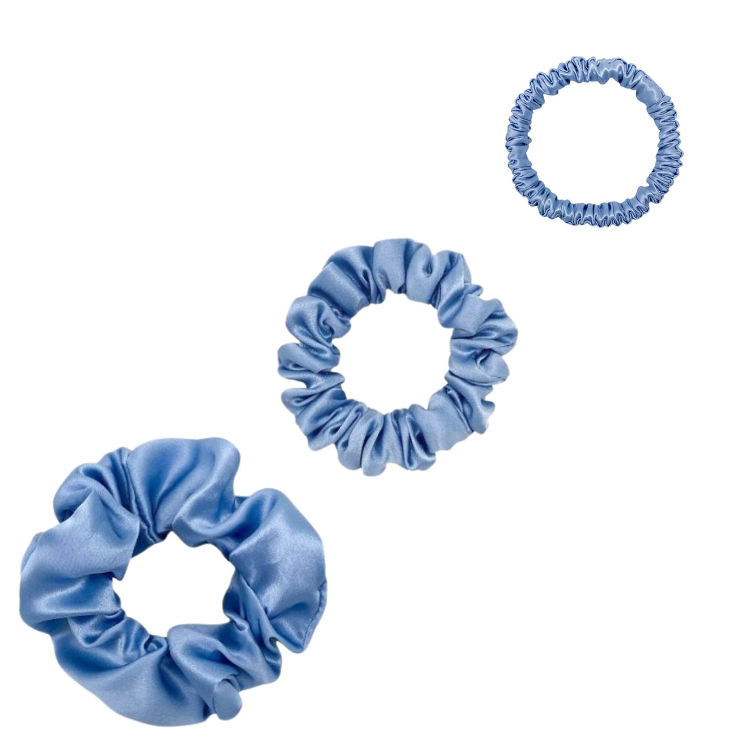 Sky blue silk scrunchies trio in mini, small and medium – LS Silk NZ