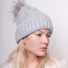 Load image into Gallery viewer, Mulberry Silk-Lined Cashmere Beanie Hat With Removable Pom Pom
