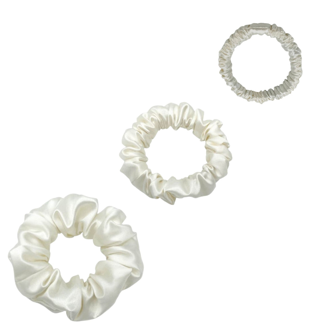 Silk Scrunchies Set - White - Mini, Small, Medium - Lovesilk.co.nz