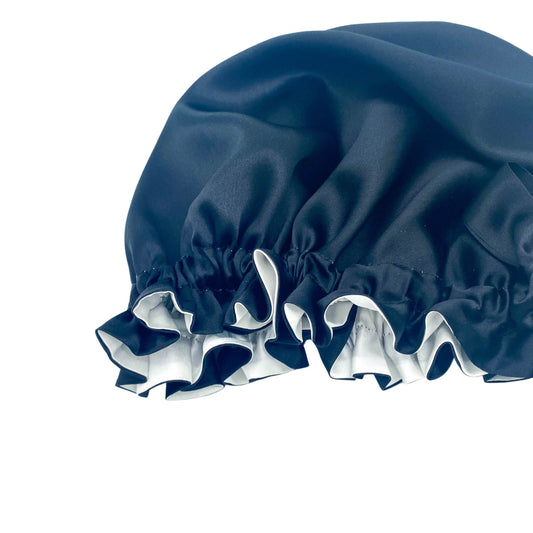 Navy silk turban tilted to show white double-layer lining – LS Silk NZ