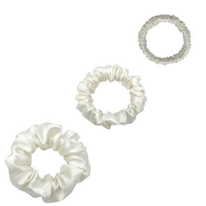 Ivory white silk scrunchies trio in mini, small and medium – LS Silk NZ