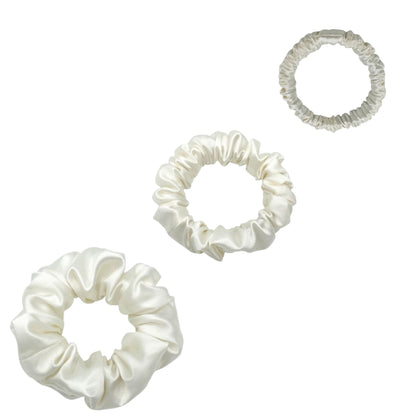 Ivory white silk scrunchies trio in mini, small and medium – LS Silk NZ