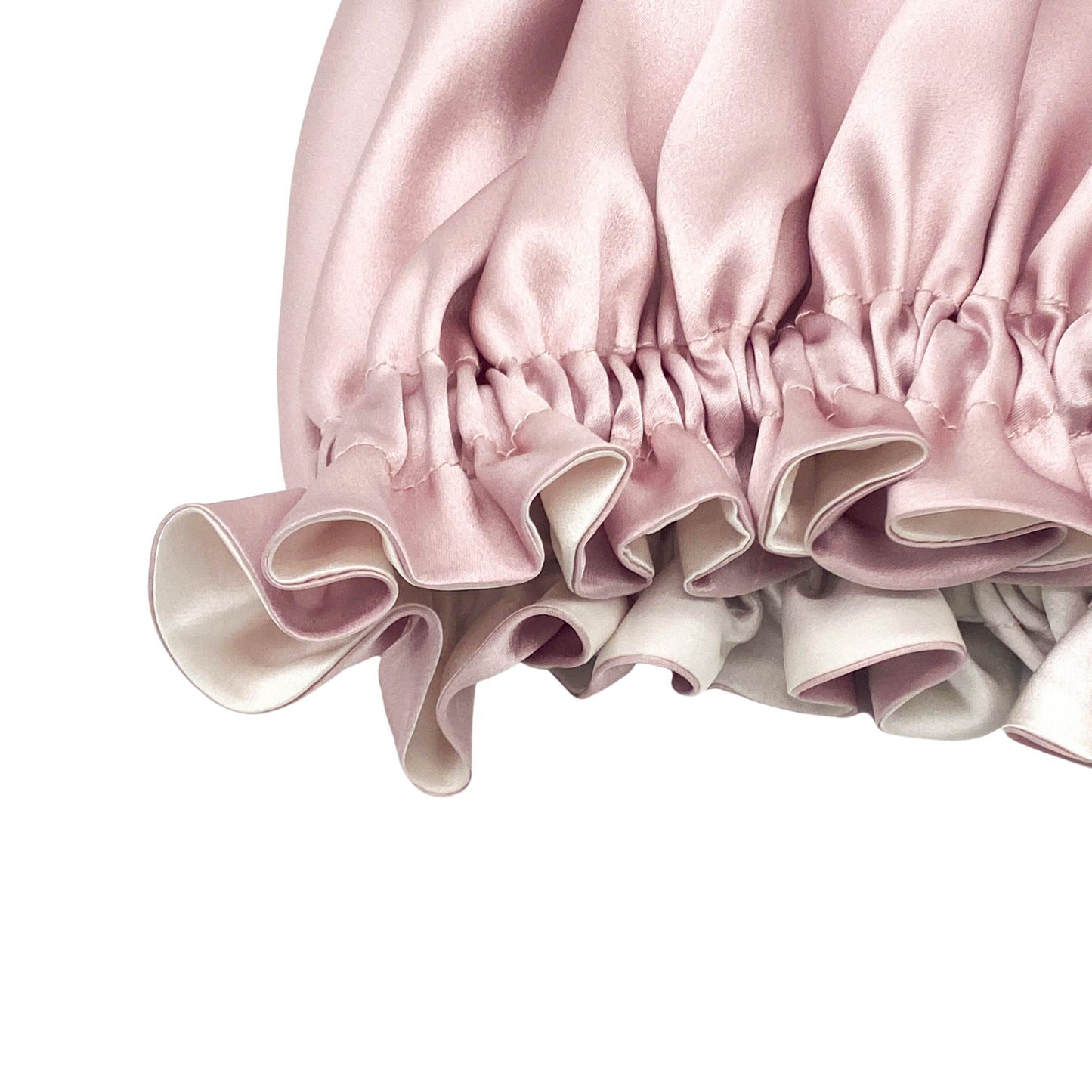 Close-up of pink silk turban showing double-layer ruffled edge – LS Silk NZ