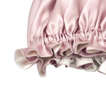 Close-up of pink silk turban showing double-layer ruffled edge – LS Silk NZ