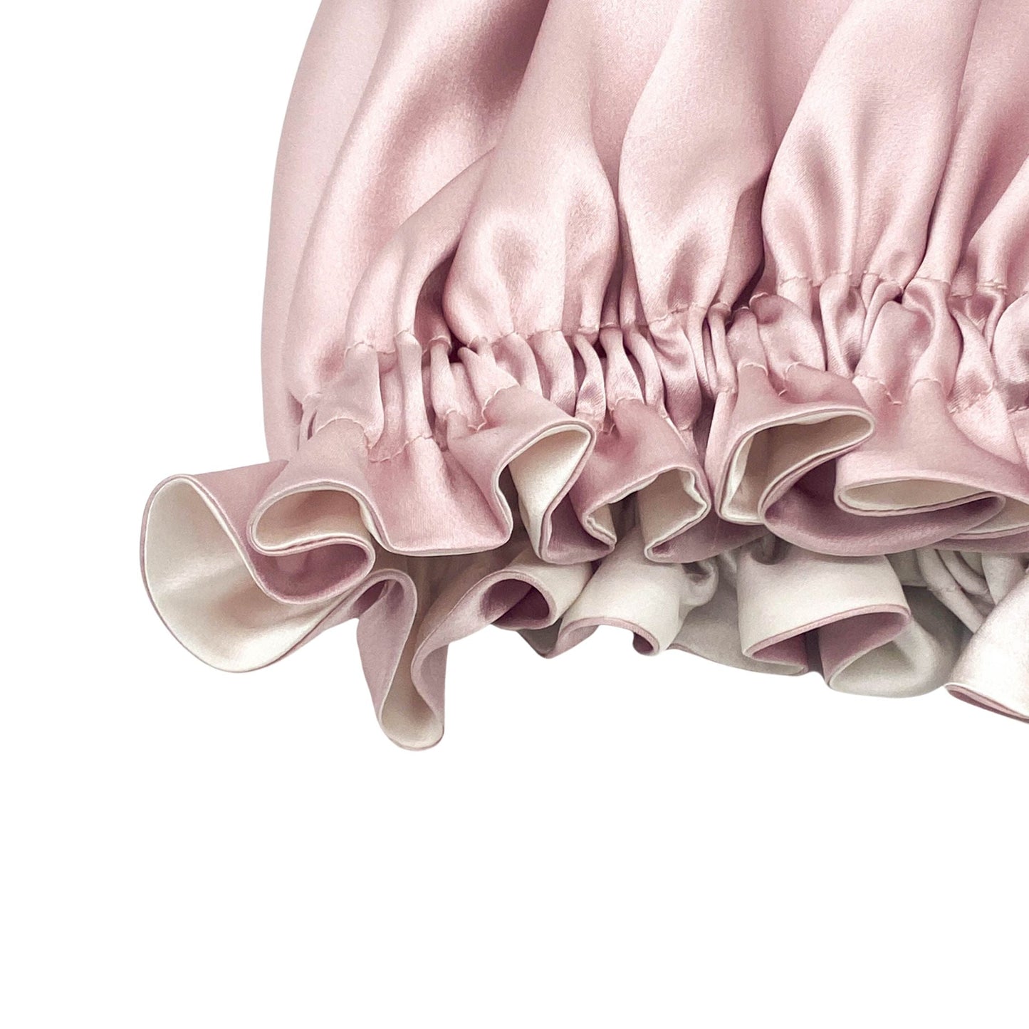 Close-up of pink silk turban showing double-layer ruffled edge – LS Silk NZ