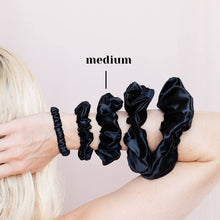 Load image into Gallery viewer, 3 Pack Premium Mulberry Silk Scrunchies - Black - Medium - Lovesilk.co.nz
