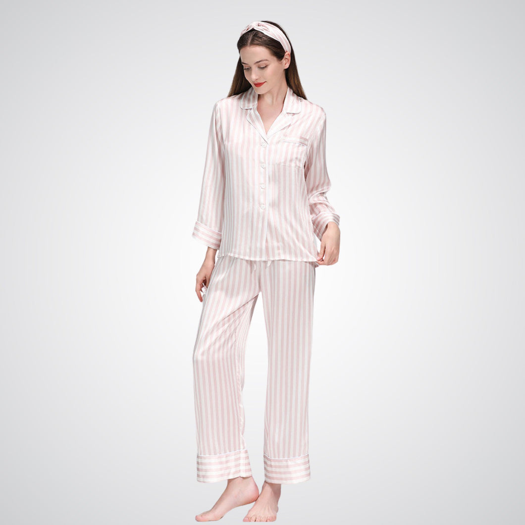 Silk Stripes Long Pajamas Set - Pink