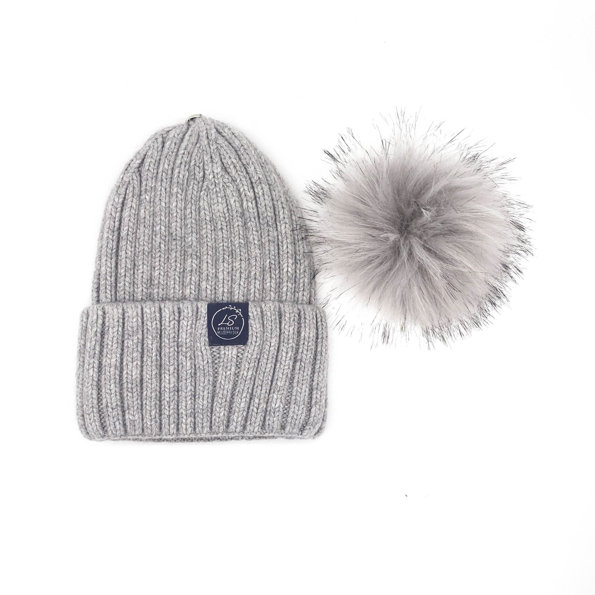 Grey beanie with detachable faux fur pom pom – LS Silk NZ