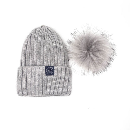 Grey beanie with detachable faux fur pom pom – LS Silk NZ