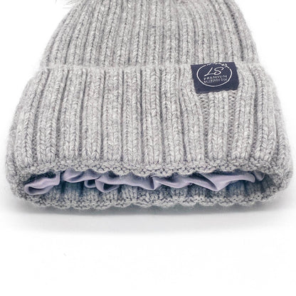 Close-up of grey beanie cuff showing lilac silk lining – LS Silk NZ