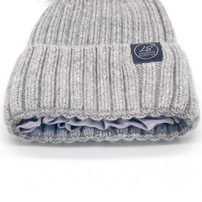 Close-up of grey beanie cuff showing lilac silk lining – LS Silk NZ