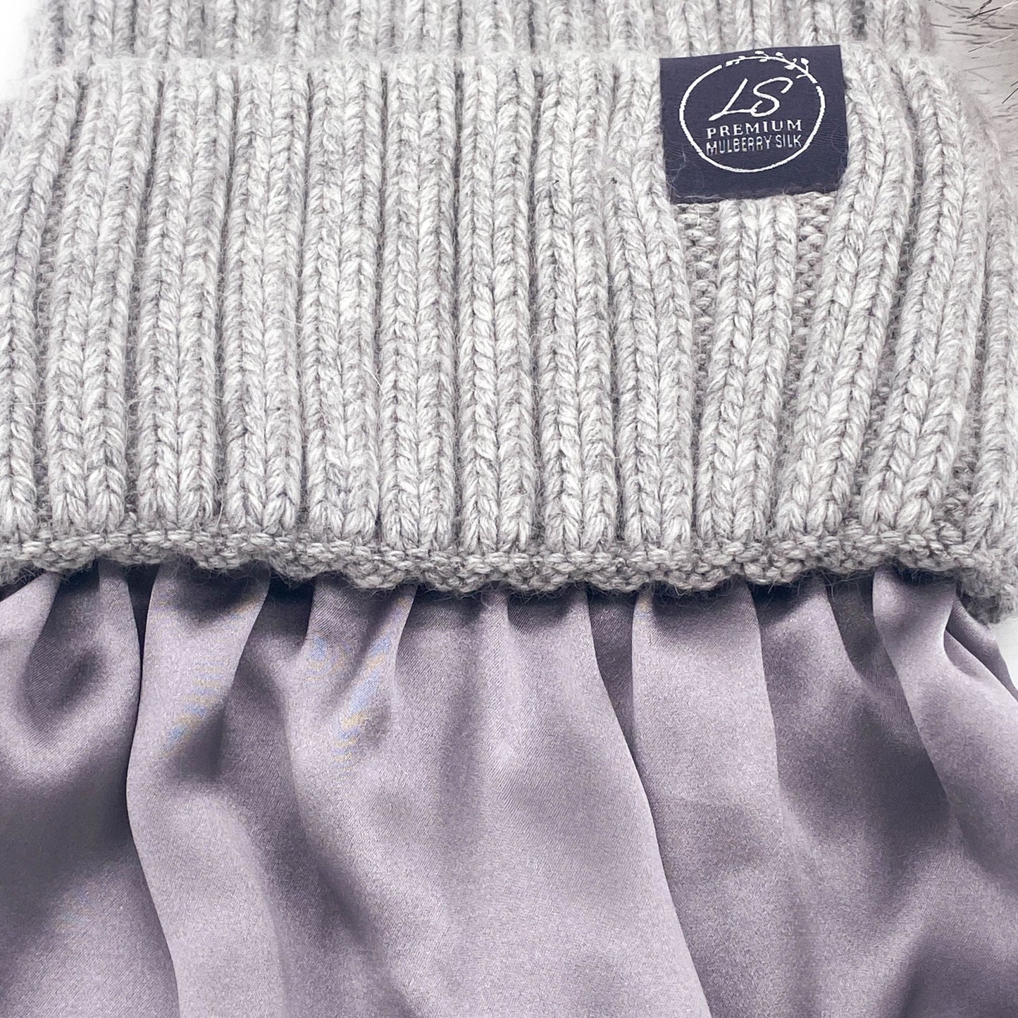 Close-up of grey beanie cuff showing lilac silk lining – LS Silk NZ