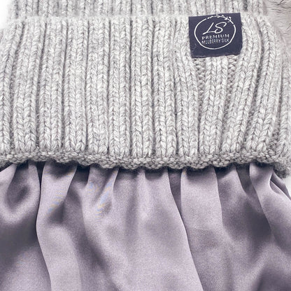 Close-up of grey beanie cuff showing lilac silk lining – LS Silk NZ