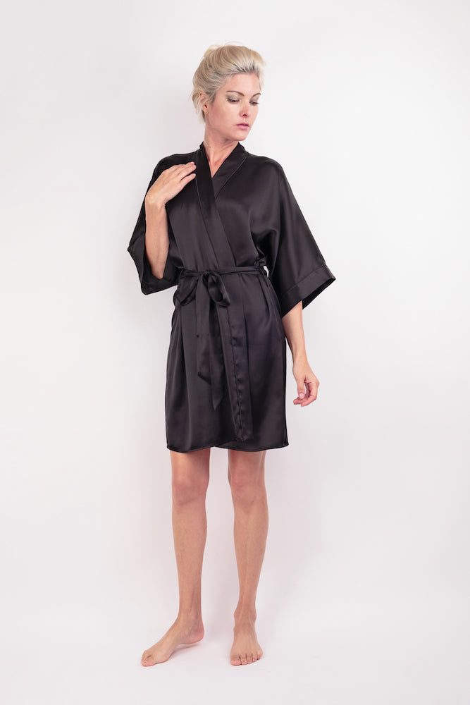 100% Mulberry Silk Kimono Robe - Black