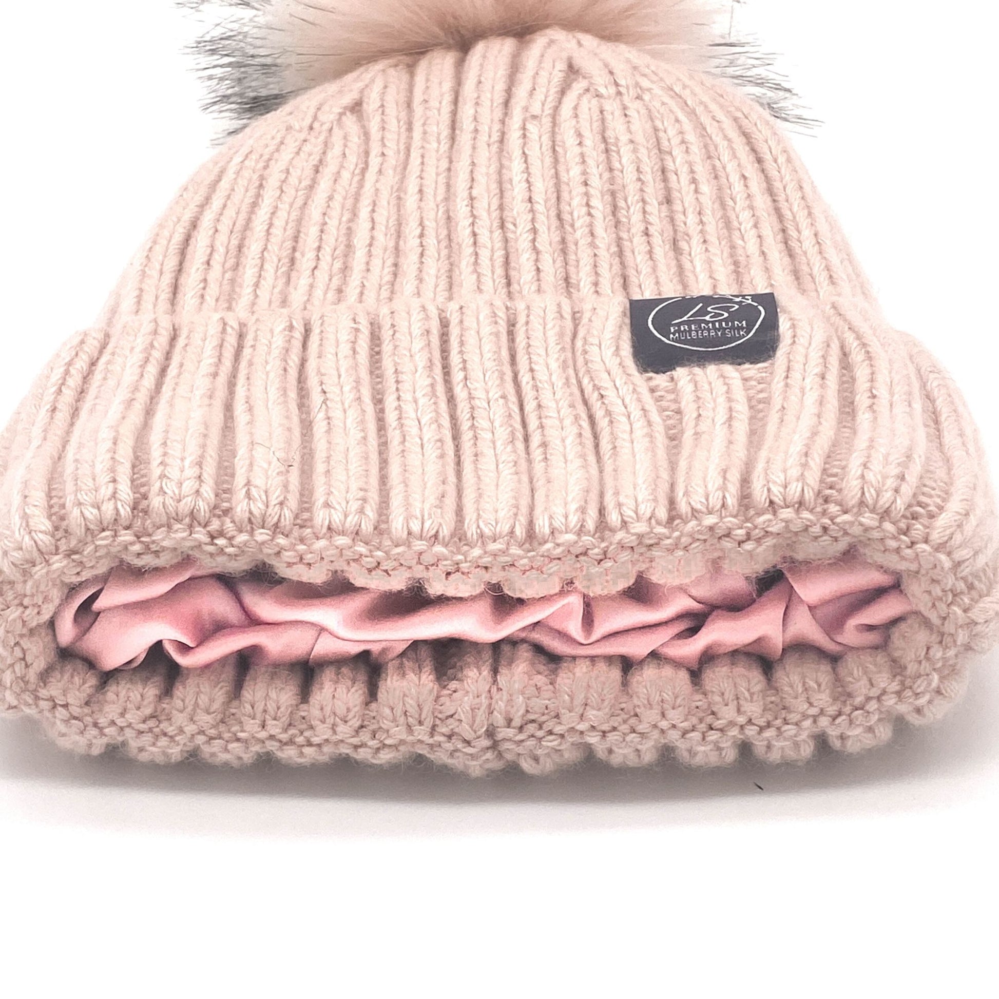 Close-up of pink beanie cuff showing pink mulberry silk lining – LS Silk NZ