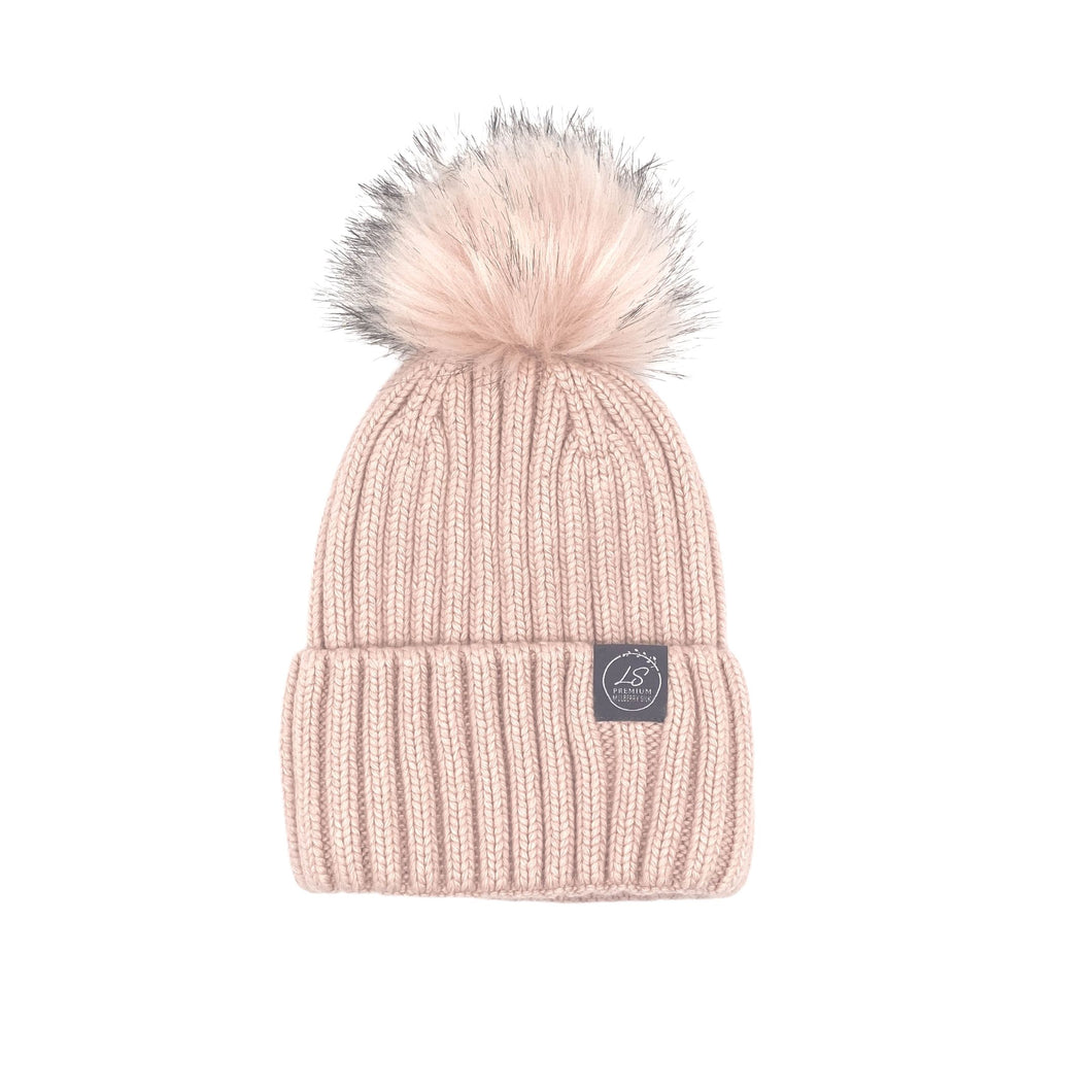 Mulberry Silk-Lined Classic Ribbed Pattern Cashmere Beanie Hat With Removable Pom Pom - Pink