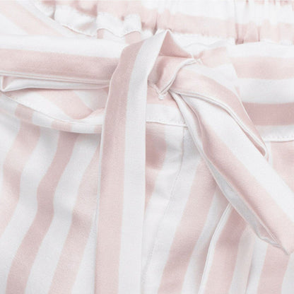 Close-up of pink striped silk pyjama shorts waist tie – LS Silk NZ