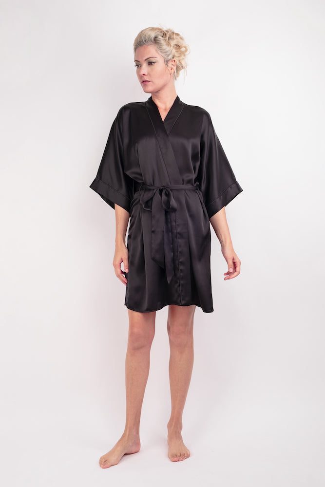 Model wearing black mulberry silk kimono robe, full length – LS Silk NZ