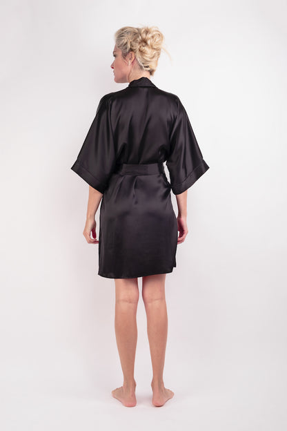 Back view of black mulberry silk kimono robe – LS Silk NZ