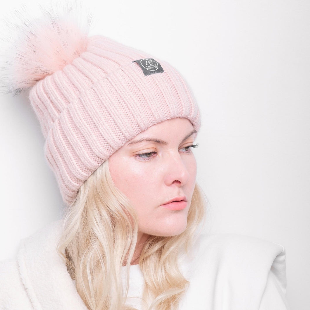 Mulberry Silk-Lined Classic Ribbed Pattern Cashmere Beanie Hat With Removable Pom Pom