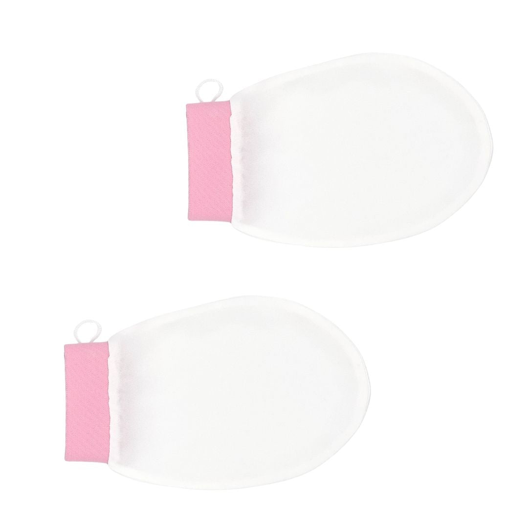 Two silk exfoliating body gloves on pink background – LS Silk NZ