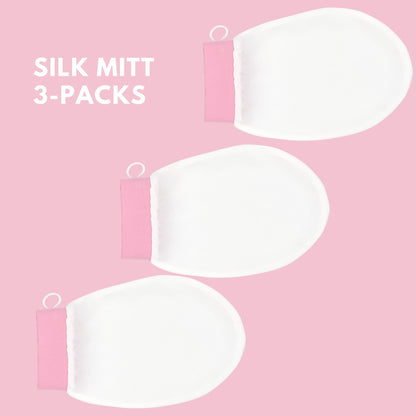 Silk exfoliating mitt 3-pack on pink background – LS Silk NZ