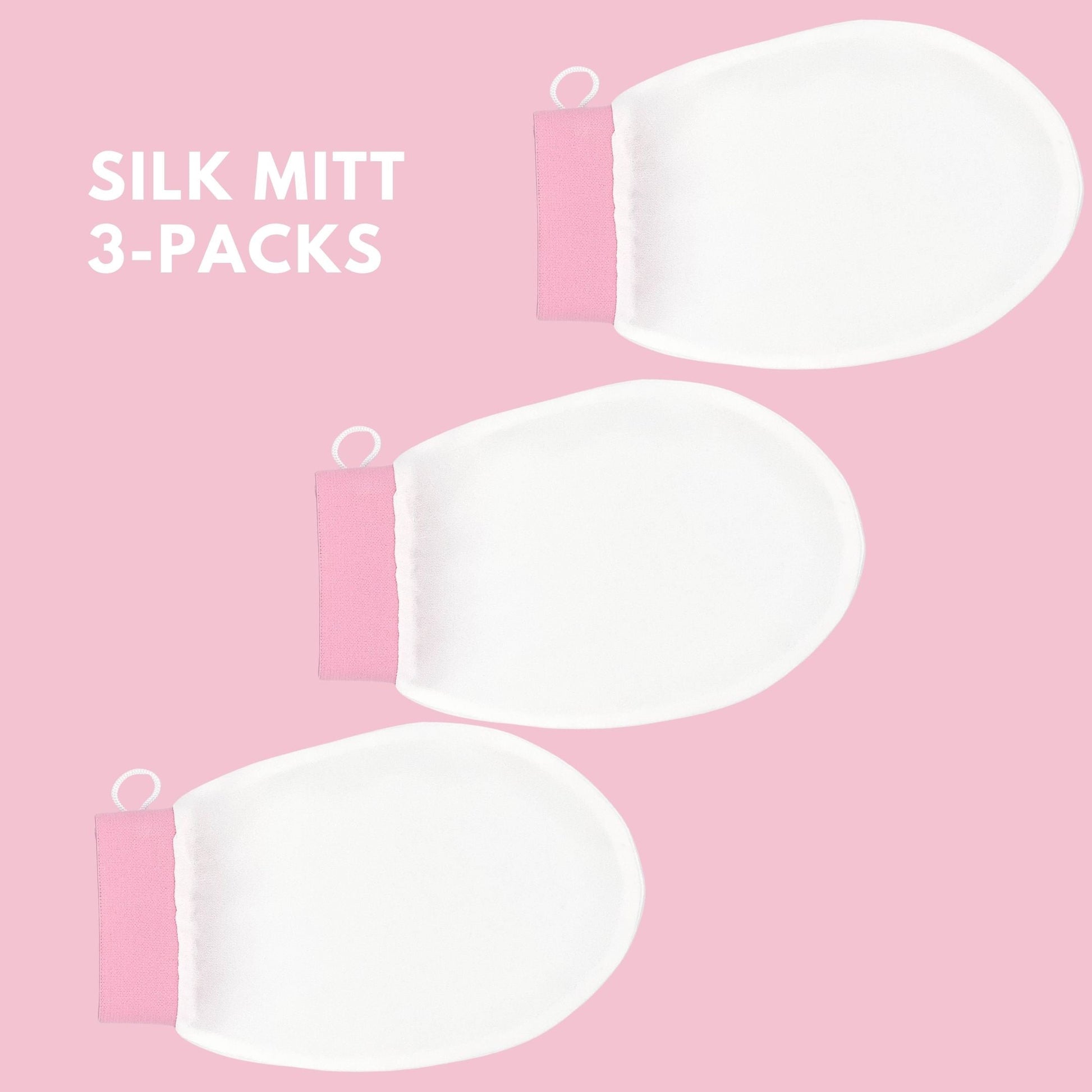 Silk exfoliating mitt 3-pack on pink background – LS Silk NZ