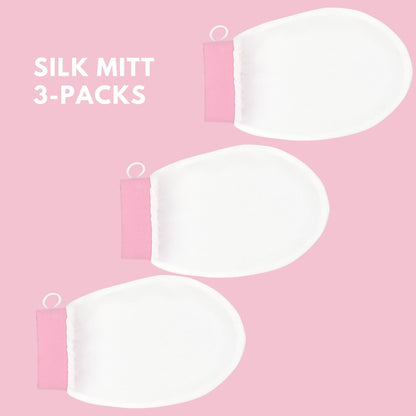 Silk exfoliating mitt 3-pack on pink background – LS Silk NZ