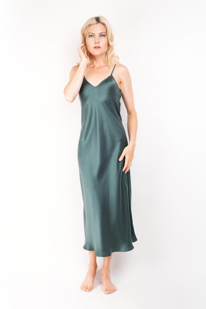 Vintage-Inspired Silk Slip Dress - Emerald - Lovesilk.co.nz