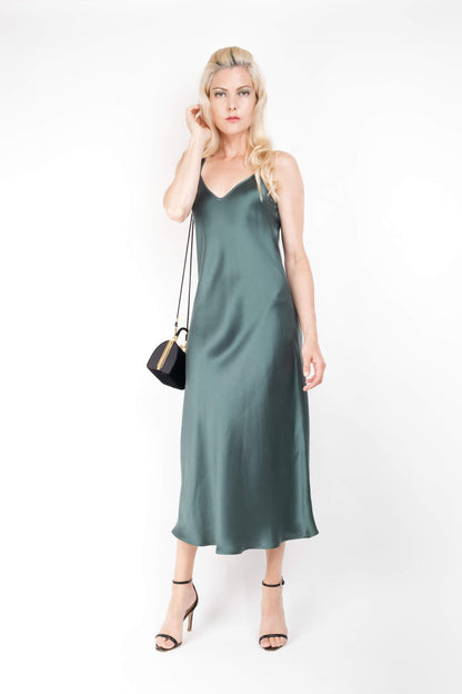 Vintage-Inspired Silk Slip Dress - Emerald - Lovesilk.co.nz